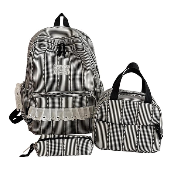 Cute Striped Lace Backpack 3 Piece Set Lightweight Large Capacity Student School Bag for