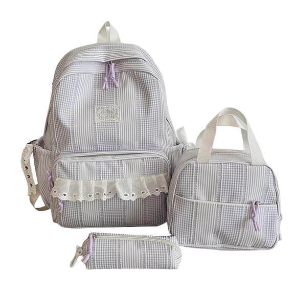 Cute Striped Lace Backpack 3 Piece Set Lightweight Large Capacity Student School Bag for