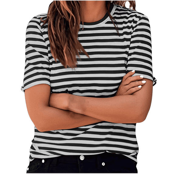 Cute Striped Shirt Women Summer Casual Short Sleeve Shirts Breathable Crew Neck Tunic Tee Tops Trendy Loose T Shirts