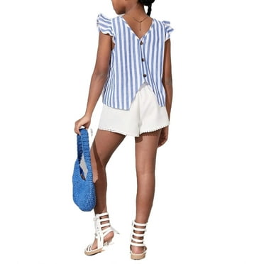 Cute Striped V neck Top Sleeveless Blue and White Tween Girls Blouses (Girl's)