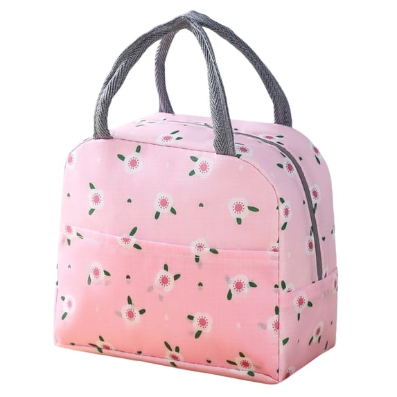 Cute Student Lunch Bag with Handle, Insulated Bento Box Tote for Girls Women, Portable Oxford Cloth Food Container Carrier for School Office Picnic, Pink Floral