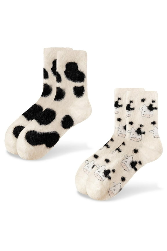 Cute Stuff Cow Print Socks For Women Fuzzy Winter Fluffy Lazy Sleeper Socks Warm Thick Cozy Trendy Cow Plush Mid-Calf Socks Cow Themed Halloween Christmas Birthday Gifts for women teen girls