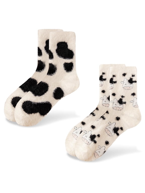 Cute Stuff Cow Print Socks For Women Fuzzy Winter Fluffy Lazy Sleeper Socks Warm Thick Cozy Trendy Cow Plush Mid-Calf Socks Cow Themed Halloween Christmas Birthday Gifts for women teen girls