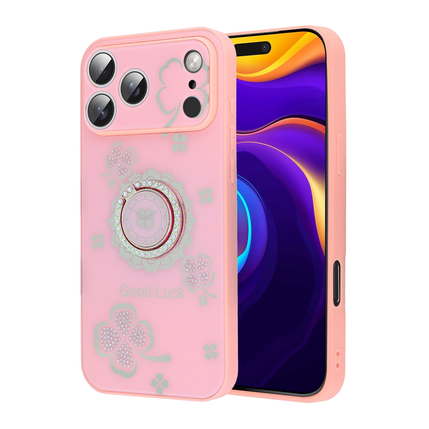 Cute Sturdy Diamond Shiny Cases with Ring for iPhone 17 Pro Max - Pink
