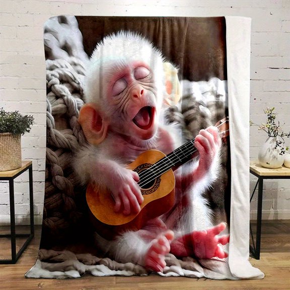 Cute Style Pattern: Adorable Guitar-Playing Monkey Print, Universal Small Nap Blanket for Office Use, Family Blanket, Gift for Family and Friends