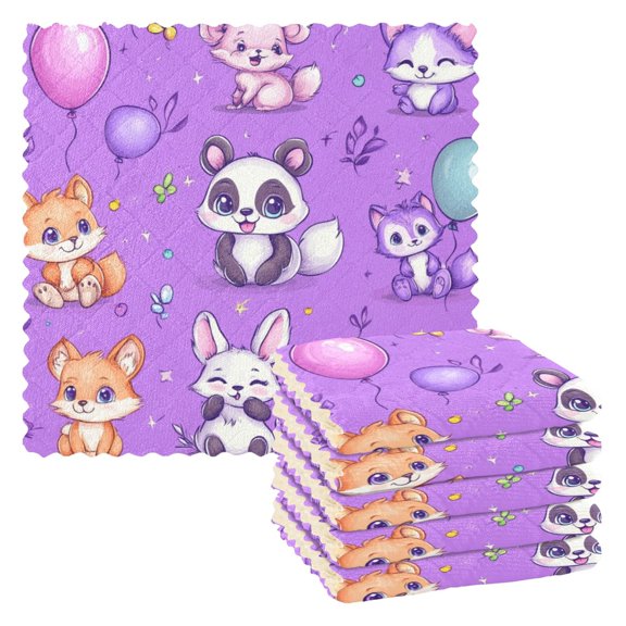 Cute Stylized Pandas Pattern 6 Pack Kitchen Cleaning Cloths 11'' x 11'', Super Absorbent, Soft Double Layer Plush for Dish and Surface Cleaning