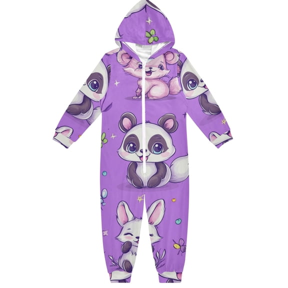 Cute Stylized Pandas Pattern One Piece Pajamas Soft Jumpsuit Cozy Sleep and Play Romper Zipper and Pockets 9-11Y