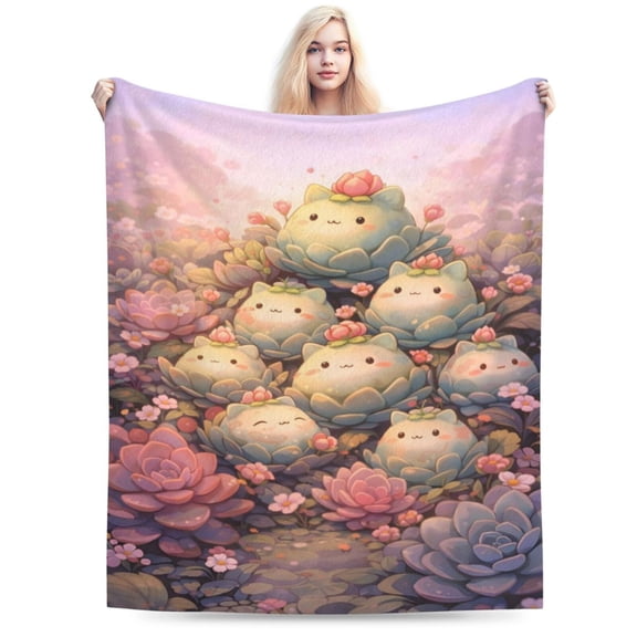 Cute Succulent Cats Blanket Kawaii Floral Garden Pastel Fantasy Animals Soft Cozy Throw Blanket for Couch Bed Easter Gift 50x40