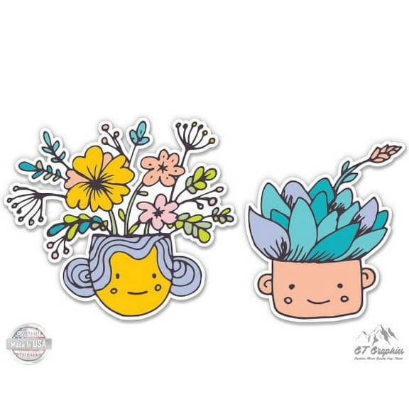 Cute Succulent Houseplants Set of 2 Trendy - 4" each Vinyl Stickers - For Car Laptop I-Pad - Waterproof Decals