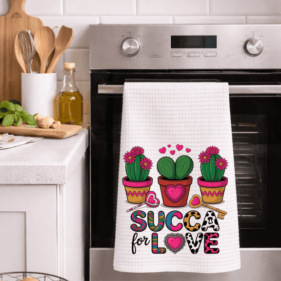 Cute Succulent Kitchen Towel, SUCCA for LOVE Message, 16x24 Waffle Weave