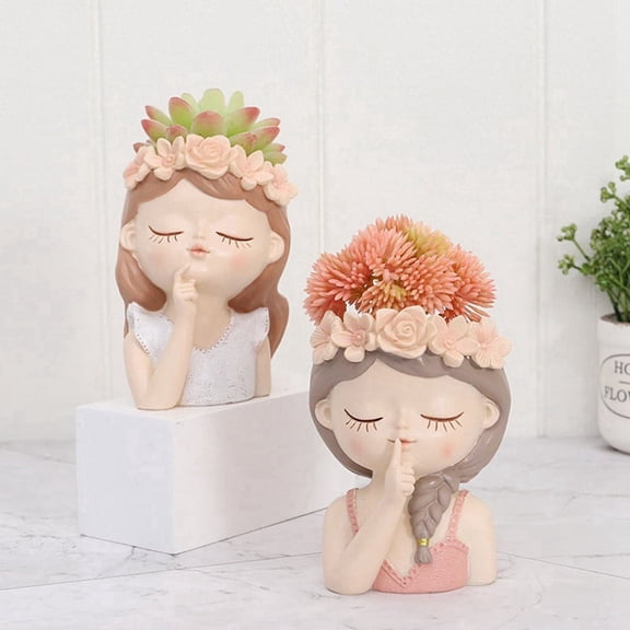Cute Succulent Plant Pot with Drainage Hole Girl Face Planter Pot Big Resin Lady Planter Tall Flower Vases