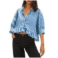 thumbnail image 1 of Cute Summer Crop Tops Womens Striped Ruffle Shirt 3/4 Sleeve Button Up Blouses Loose Fit Vacation Outfit (L, Blue), 1 of 4