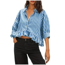 Cute Summer Crop Tops Womens Striped Ruffle Shirt 3/4 Sleeve Button Up Blouses Loose Fit Vacation Outfit (L, Blue)