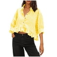 thumbnail image 1 of Cute Summer Crop Tops Womens Striped Ruffle Shirt 3/4 Sleeve Button Up Blouses Loose Fit Vacation Outfit (S, Yellow), 1 of 4