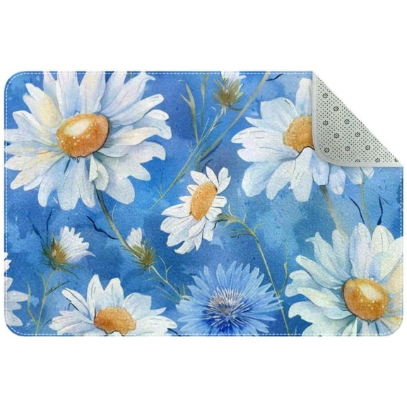Cute Summer Daisies Flowers on Blue Background Small Area Rug, Non-Slip Door Mat Indoor Floor Mat, Washable Kitchen Rug Entrance DMat for Bedroom Living Room