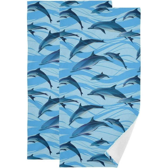 Cute Summer Dolphins Hand Towels, Abstract Style Kitchen Towel Ultra Soft and Absorbent,Decorative Fingertip Face Towel for Bathroom Hotel, 2 PCS, 28.3"x 14.4"