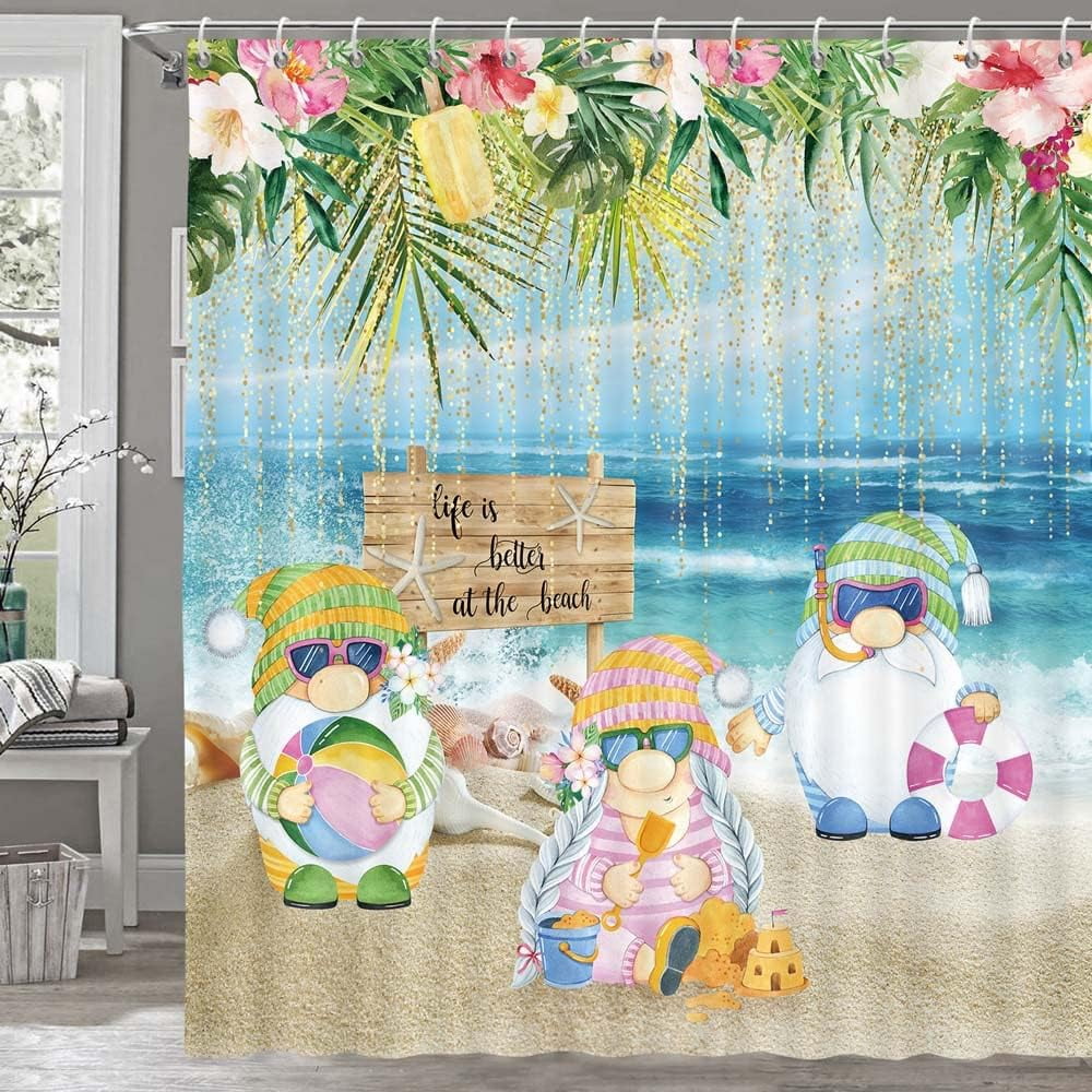Cute Summer Gnomes Shower Curtain, Funny Beach Ocean Wooded Print Seaside Holiday Home Bathroom Curtain, Tropical Green Leaves and Flowers Decor Shower Curtains with Hooks 72x72Inch