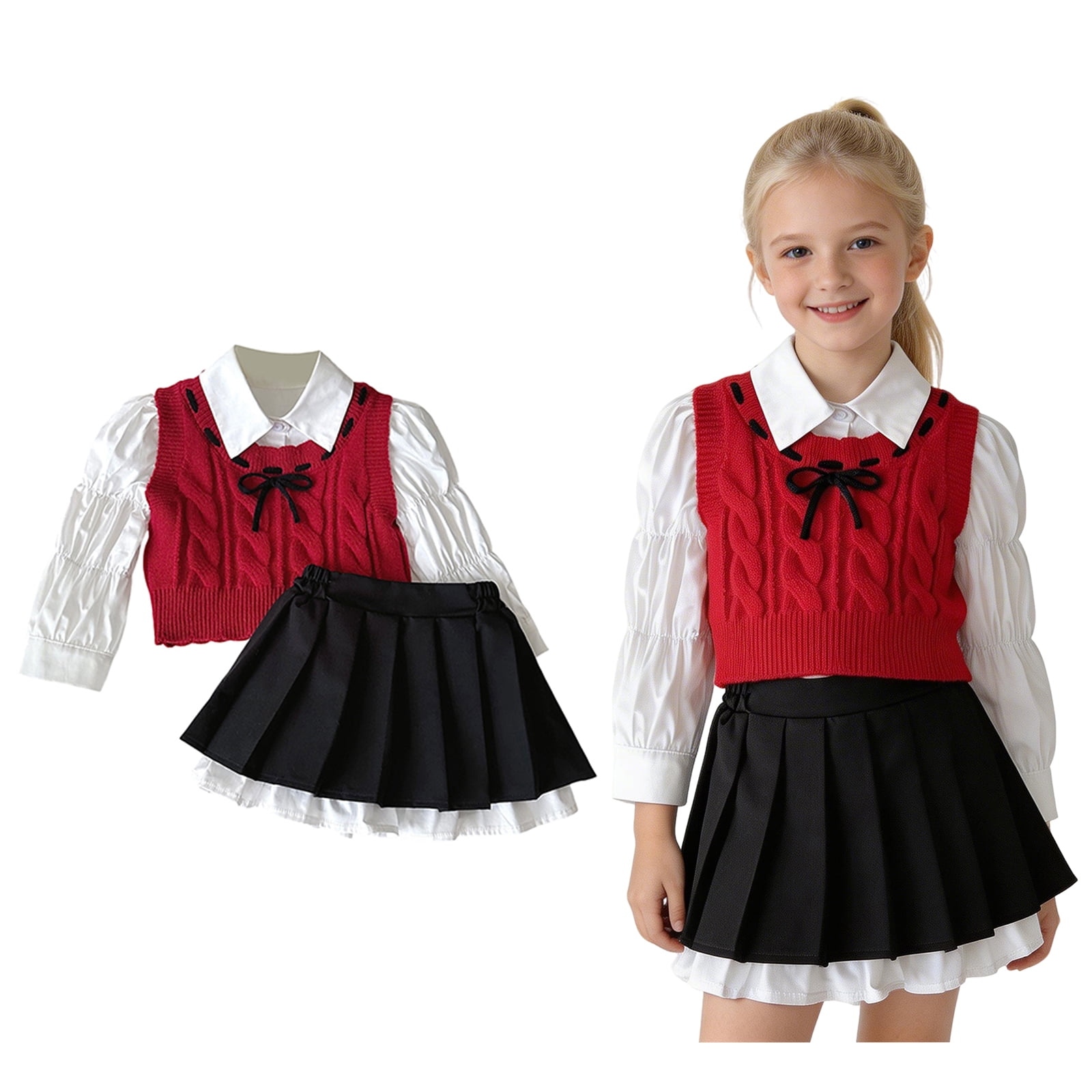 Cute Summer Outfits Long Sleeve Shirt and Knitted Vest and Skirts Girls ...