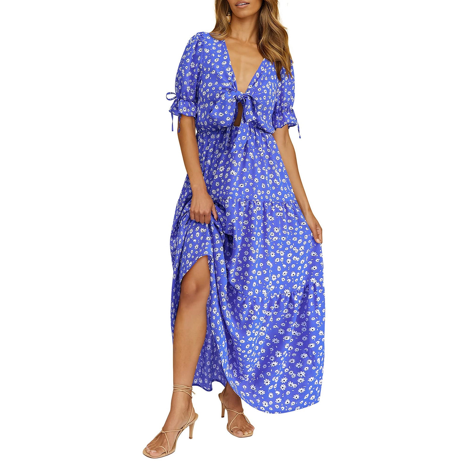 Cute Summer Outfits Women 2024 Summer Boho Dress Knot Front Deep V Neck  Short Sleeve Floral Tiered Casual Party Beach Maxi Dresses Mujer 2024 