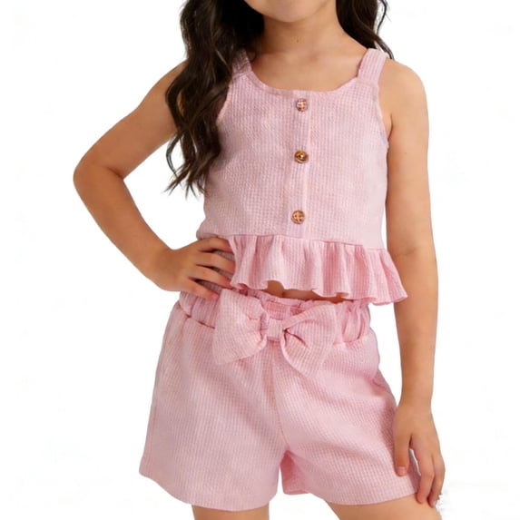 Cute Summer Outfits for Girls 2 Piece Waffle Knit Ruffled Tank Top & Bowknot Elastic Waisted Shorts Sets (18-24 Months, Pink)