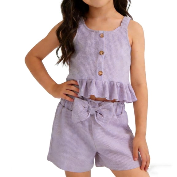 Cute Summer Outfits for Girls 2 Piece Waffle Knit Ruffled Tank Top & Bowknot Elastic Waisted Shorts Sets (2-3 Years, Purple)