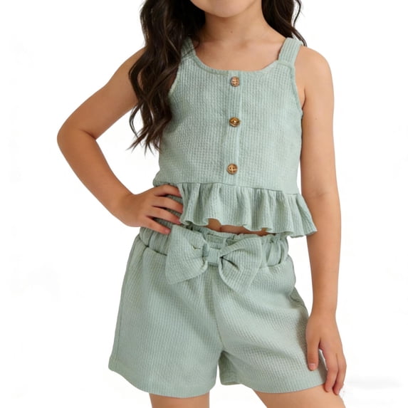 Cute Summer Outfits for Girls 2 Piece Waffle Knit Ruffled Tank Top & Bowknot Elastic Waisted Shorts Sets (3-4 Years, Green)