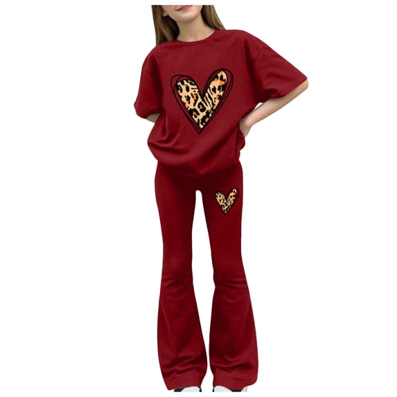 Cute Summer Outfits for Teens Tween Girls Clothes Short Heart Graphic T-Shirt Top+Flare Pants 2pcs Outfit Set, Size 7-14 Years