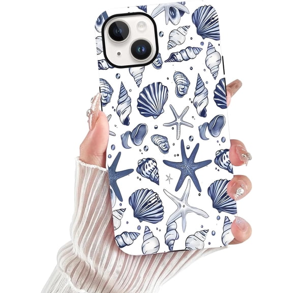 Cute Summer Seashell Starfish Phone Case for iPhone 13 / iPhone 14 Beachy Case 6.1", Coquette Blue Pattern Print Design Phone Cover Hard PC Shockproof Soft TPU Matte Funda for Girls Women