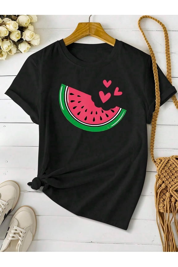 Cute Summer T-Shirt, Fashion Watermelon Slice Heart Print T-Shirt, Fruit Graphic Tee, For Watermelon Lovers, Women Casual Round Neck Short Sleeve Top