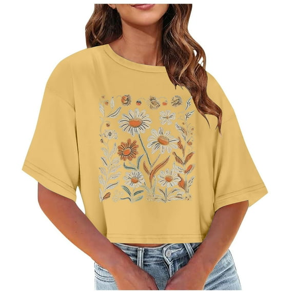 Cute Summer T Shirts for Women Trendy Casual 1/2 Sleeve Drop Shoulder Print Crop Tops Crewneck Loose Pullover Graphic Tees, Yellow, L