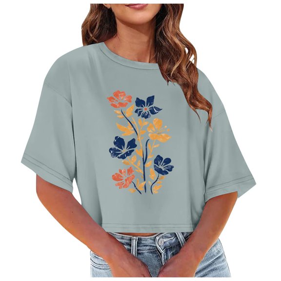 Cute Summer T Shirts for Women Trendy Casual Drop Shoulder Short Sleeve Print Crop Tops Loose Cotton Pullover Graphic Tees, Gray, XXL