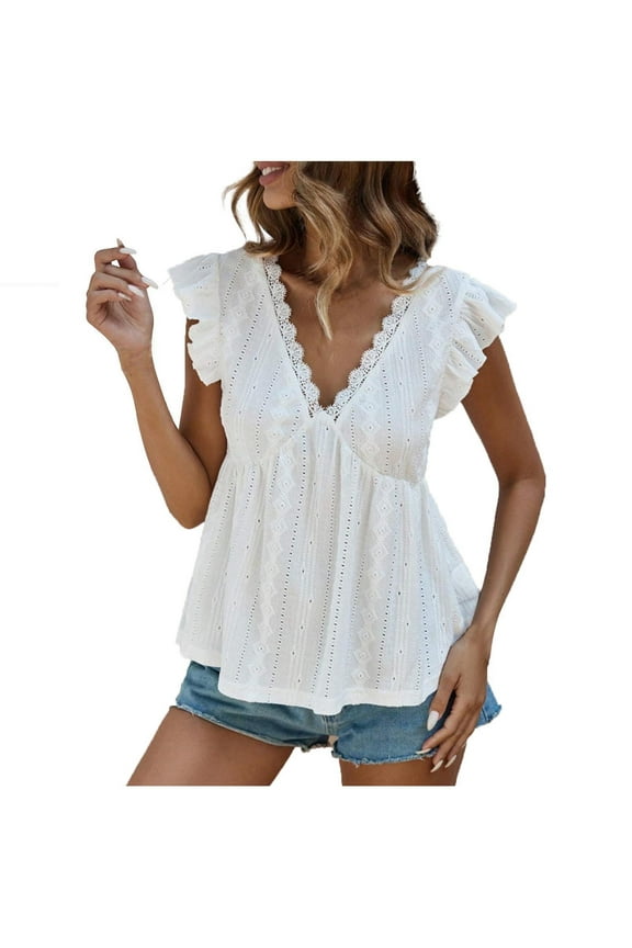 Cute Summer Tank Tops Womens V Neck Lace Trim Sleeveless Ruffled Babydoll Blouse Solid Color Beach Vacation Outfits (L, White)