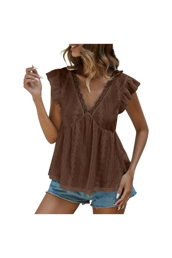 Cute Summer Tank Tops Womens V Neck Lace Trim Sleeveless Ruffled Babydoll Blouse Solid Color Beach Vacation Outfits (M, Coffee)