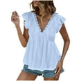 thumbnail image 1 of Cute Summer Tank Tops Womens V Neck Lace Trim Sleeveless Ruffled Babydoll Blouse Solid Color Beach Vacation Outfits (S, Light Blue), 1 of 8