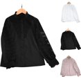 thumbnail image 1 of Cute Summer Tops For Women Elegant Lace Solid Color Casual Long Sleeve Button Down Round Neck Black T-Shirts Cute Blouse for Work S-2XL, 1 of 9