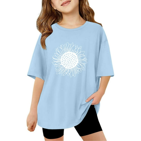 Cute Summer Tops for Girls Size 13-14 Short Sleeve Casual Round Neck Fashion Cute Print T-Shirt Soft and Comfortable Oversized Pullovers(Print, X02-Sky Blue, 13-14 Years)