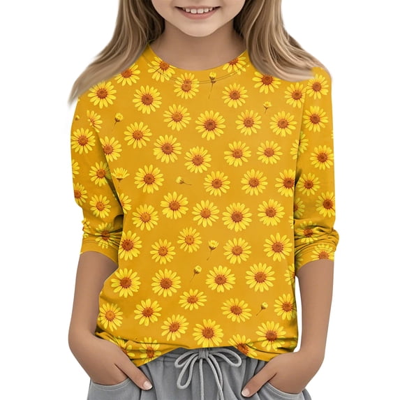 Cute Summer Tops for Girls Size 6-7 Soft Casual 3/4 Sleeve Crew Neck Girls Shirts Funny Daisy Printed Tees Girls Clothes Blouse T-Shirt Yellow 3-4 Years