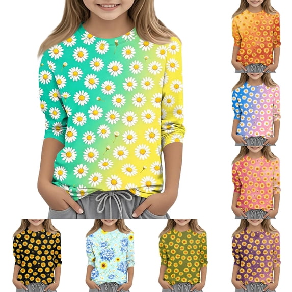 Cute Summer Tops for Girls Size 7 Soft Casual 3/4 Sleeve Crew Neck Girls Tops Basic Daisy Printed T-Shirts Girls Fashion Blouse T-Shirt Dark Blue 7-8 Years