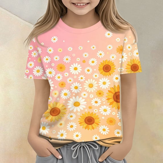 Cute Summer Tops for Kids Girls Size 10-12 Soft Casual Short Sleeve Crew Neck Girls Tops Basic Daisy Graphic T-Shirts Girls Clothes Blouse T-Shirt Pink 5-6 Years