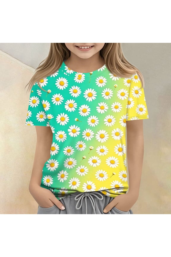 Cute Summer Tops for Kids Girls Size 7 Casual Short Sleeve Crew Neck Girls Tops Basic Daisy Floral Graphic T-Shirts Girls Fashion Tunic Tops Multicolor 9-10 Years
