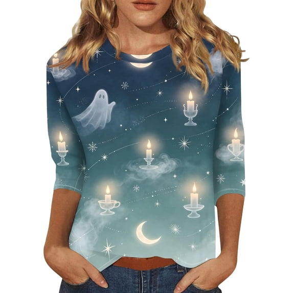 Cute Summer Tops Round‑Neck 3/4‑Sleeve Printed Blouse Lightweight Fashion Outfits Clothes L
