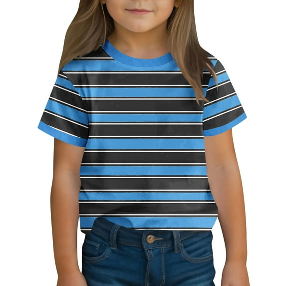 T-Shirts Size 3-14 Years for Children Boys and Girls Short Sleeve Crew Neck Striped Summer Saving Clerance Kids' Sports Breathable Tops Blue
