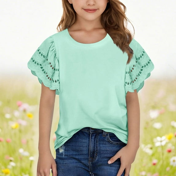 Summer Tops for Girls Size 3-14Y Ruffle Short Sleeve Crew Neck Solid Color T-Shirts Summer Casual Lightweight Tops Tween Girls Trendy ClothesGreen