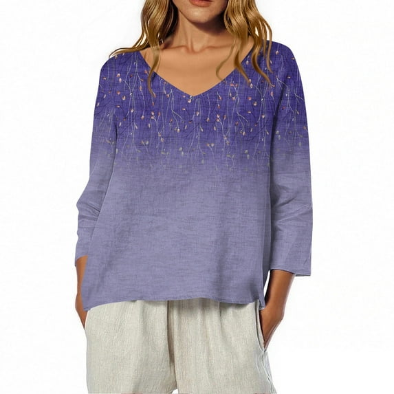 Cute Summer Tops for Women 3/4 Length Sleeve Purple V Neck T Shirts Women Linen Floral Print Tshirt Dressy Casual Blouse Trendy Tops Quarter Sleeve Graphic Tee