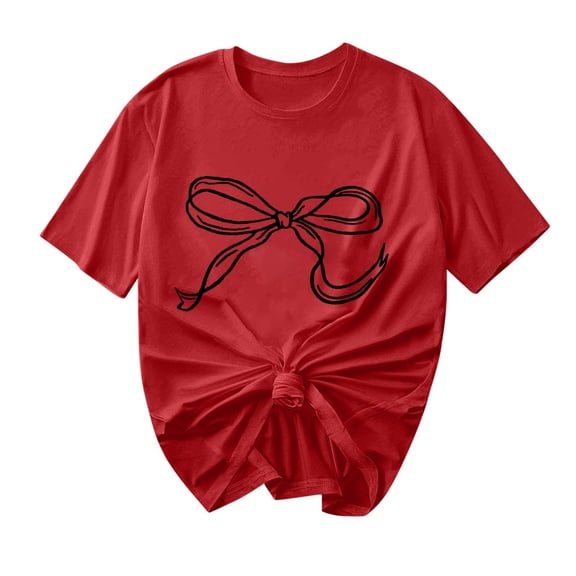 Cute Summer Tops Women Bowknot Print Round Neck Short Sleeve Casual Tshirts Valentine's Day T-shirts (L, Red)