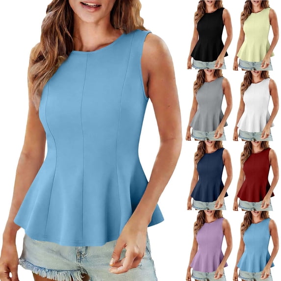 Cute Summer Tops Women Ruffle Flared Tank Shirt Sleeveless Crewneck Slim Fitted Business Dressy Casual Blouses (S, Light Blue)