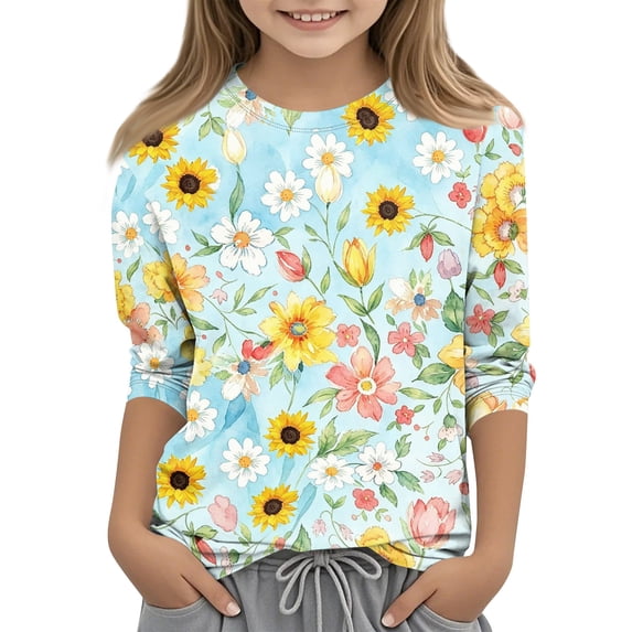 Cute Summer Tops for Girls Size 6-7 Casual 3/4 Sleeve Crew Neck Girls Tops Funny Daisy Printed Tees Girls Clothes Tee Tops Blue 12-13 Years