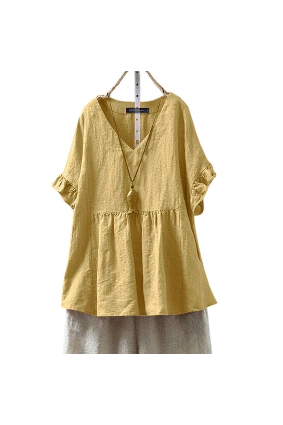 Cute Summer Tops for Women Cotton Linen Pleated Babydoll Loose Tee Shirt Ruffled Short Sleeve V Neck Blouses (M, Yellow)