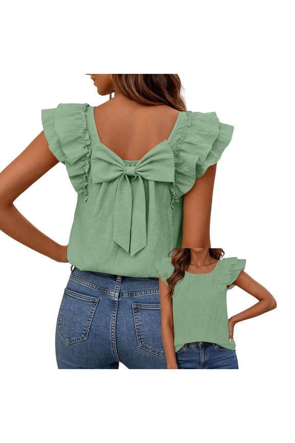 Cute Summer Tops for Women Double Layer Ruffle Fly-Sleeve Big Bowknot Vacation Going Out Trendy Outfits (L, Green)
