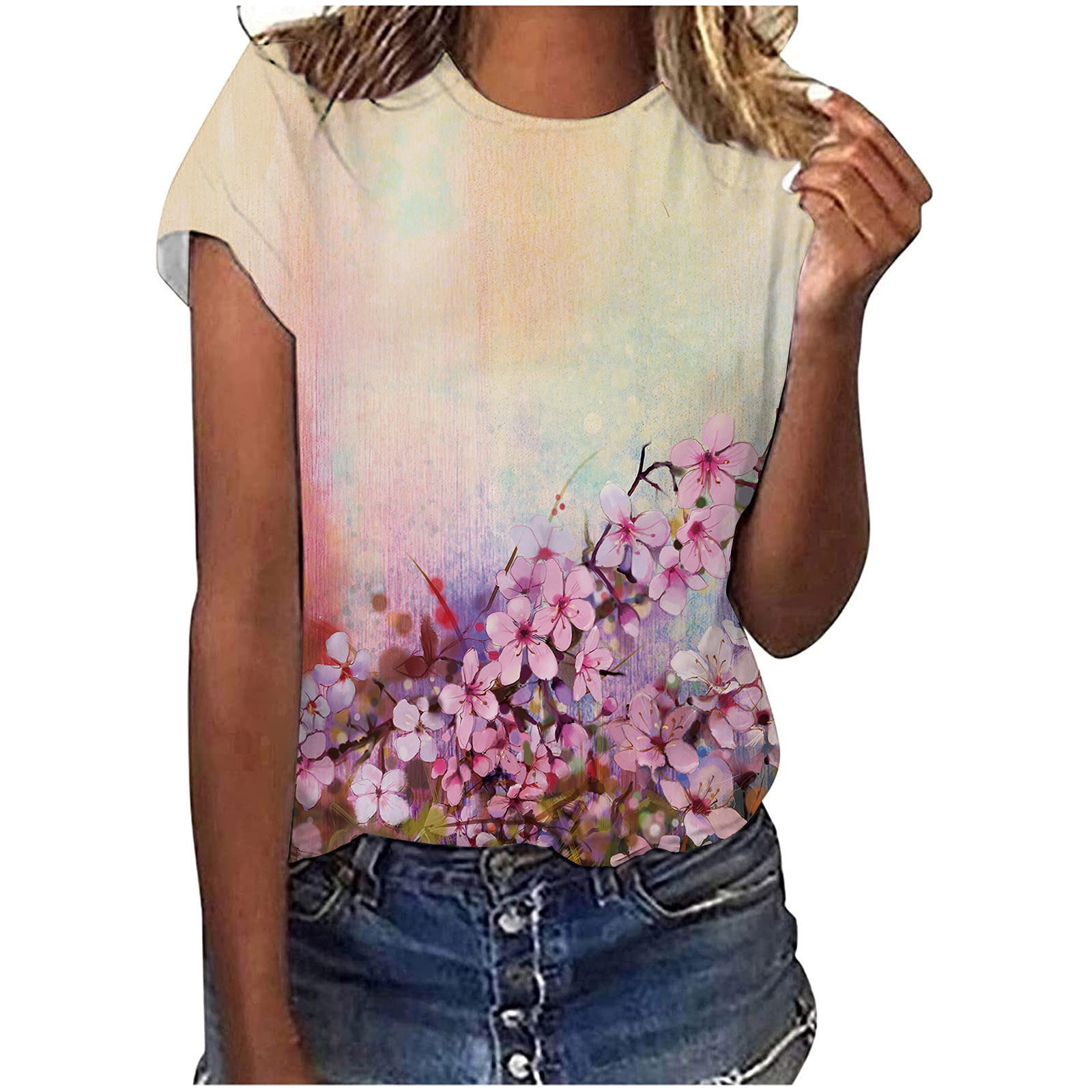 Women's Casual Tunic To Wear with Leggings Short-Sleeve Tops Print T-Shirt  Button Collar Summer Floral Tie Tops Cute Tshirts Dressy Casual Blouses  Valentines Day Sweatshirts for Teens